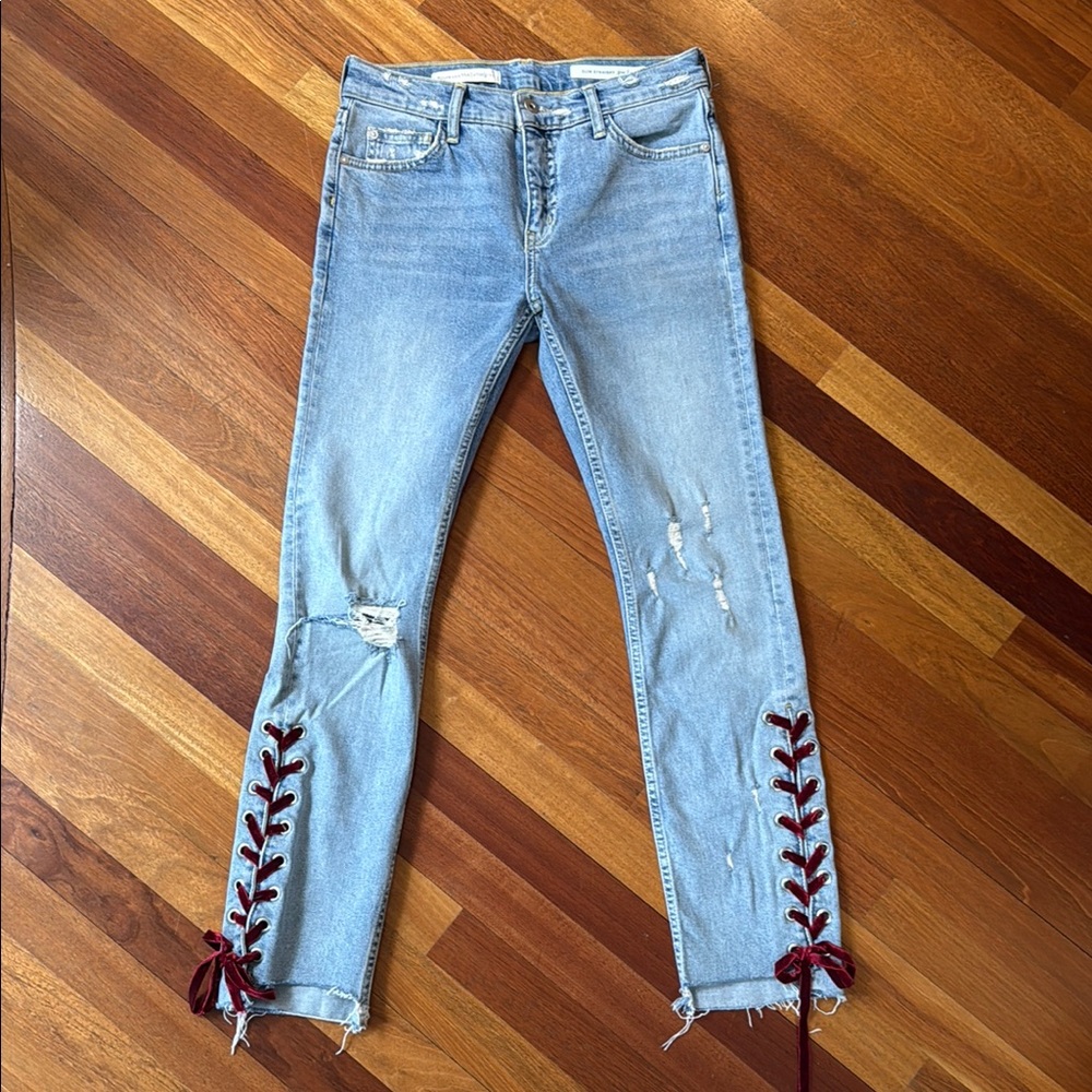 Anthropologie Pilco Slim Straight Distressed Jeans Velvet Red Lace Detai…